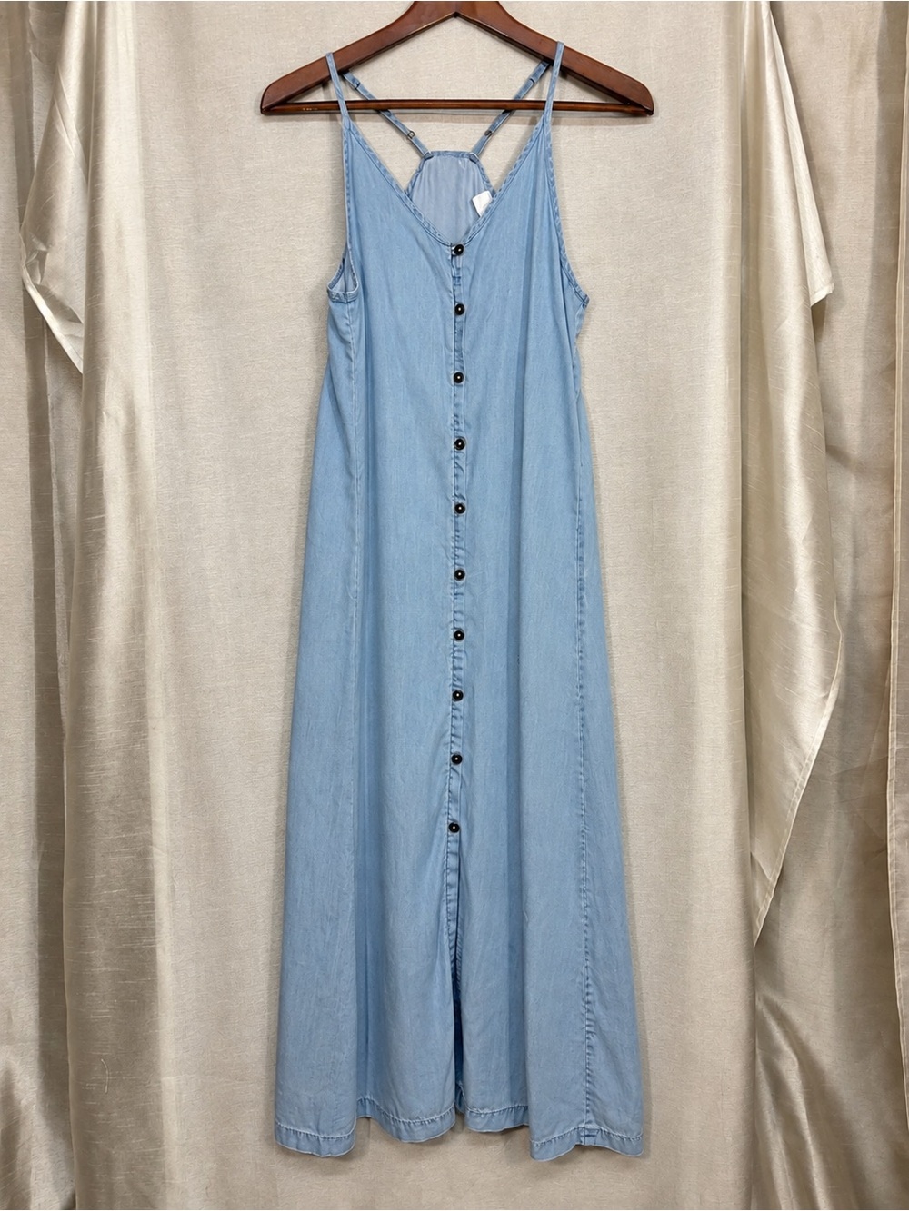 Reistor Blue Tencel Button Front Maxi Dress S Coastal Boho Pockets